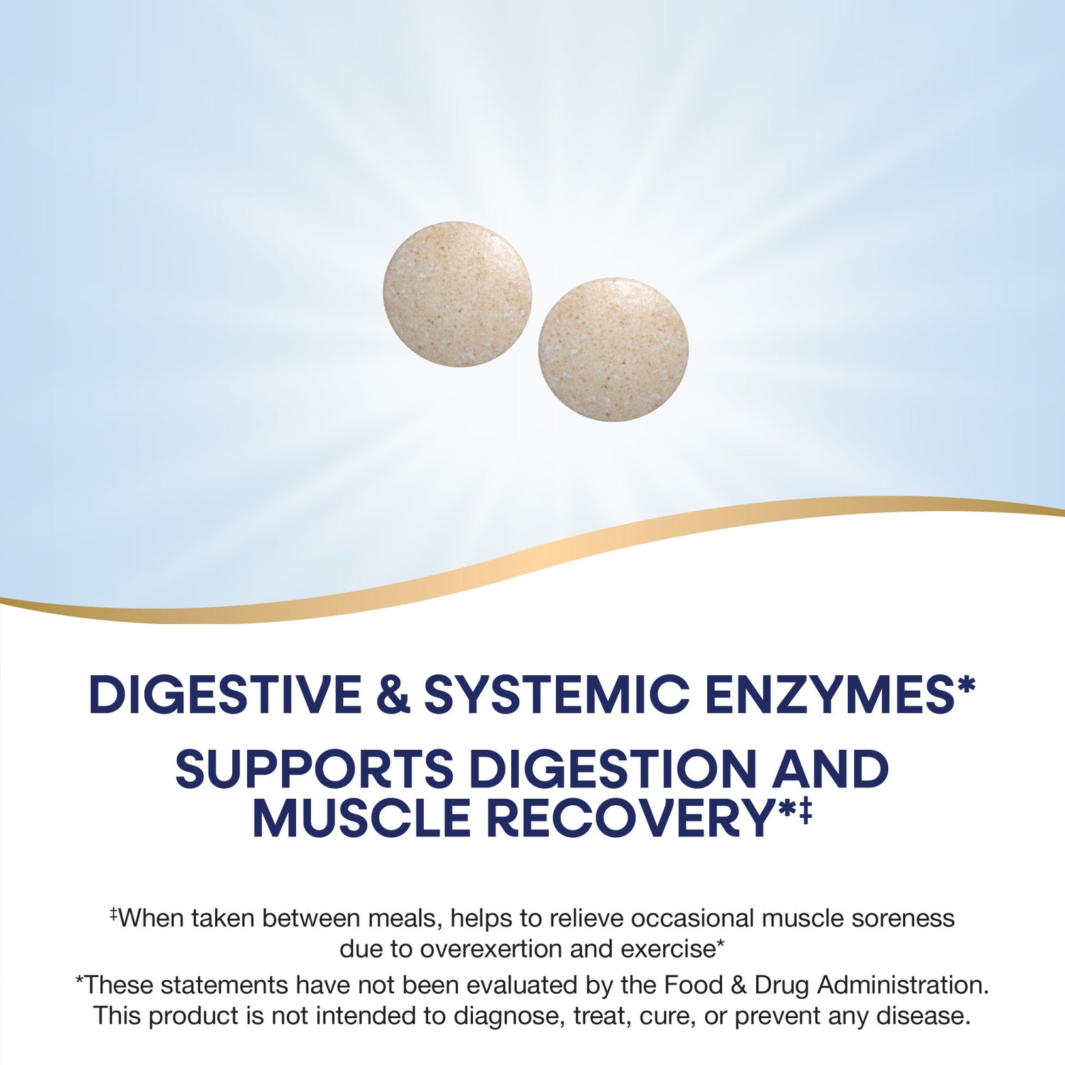 ET255 | Two beige tablets with text about digestive and systemic enzymes supporting digestion and muscle recovery