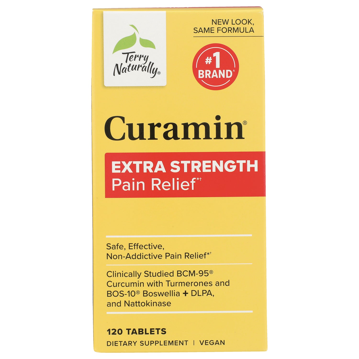 EUR026 | Curamin Extra Strength pain relief yellow box with Terry Naturally logo, 120 tablets