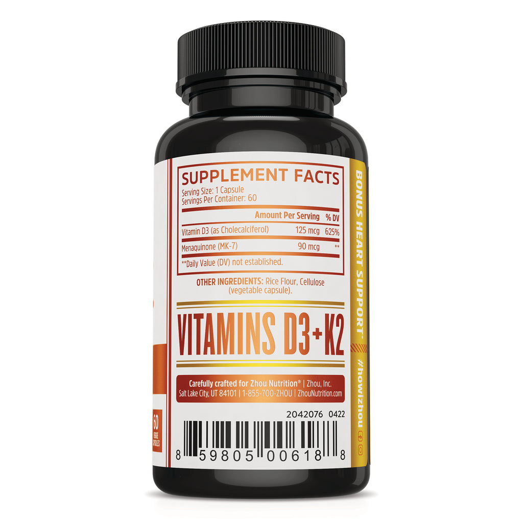 ZOU025 | Back bottle label with Supplement Facts for Vitamins D3 + K2; D3 125 mcg (625% DV) and MK-7 90 mcg - Thumbnail