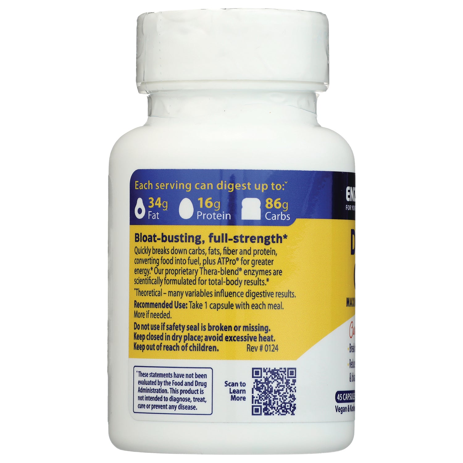 EMD008 | product infographic on white supplement bottle labeled Bloat-busting, full-strength with serving digest values 34g fat 16g protein 86g carbs