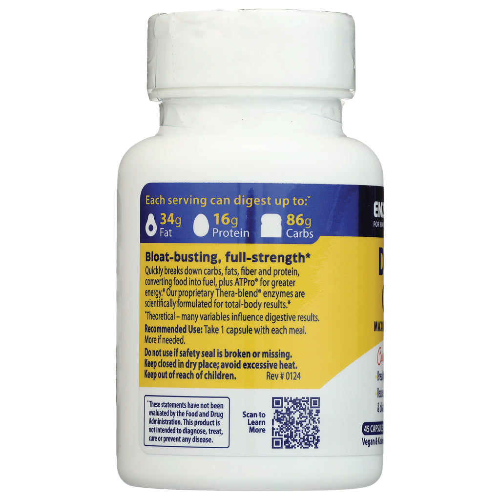 EMD008 | product infographic on white supplement bottle labeled Bloat-busting, full-strength with serving digest values 34g fat 16g protein 86g carbs - Thumbnail