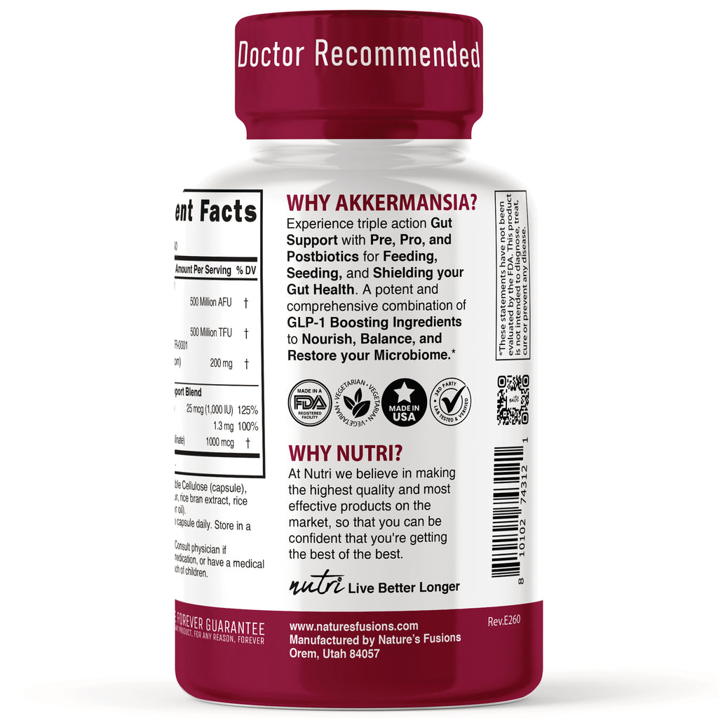 NFU016 | back label of white and maroon supplement bottle reading WHY AKKERMANSIA? with product claims, icons, and barcode - Thumbnail