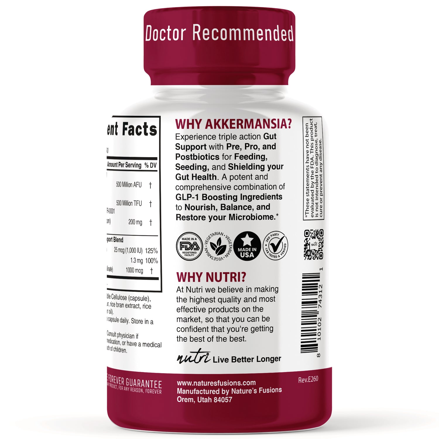 NFU016 | back label of white and maroon supplement bottle reading WHY AKKERMANSIA? with product claims, icons, and barcode