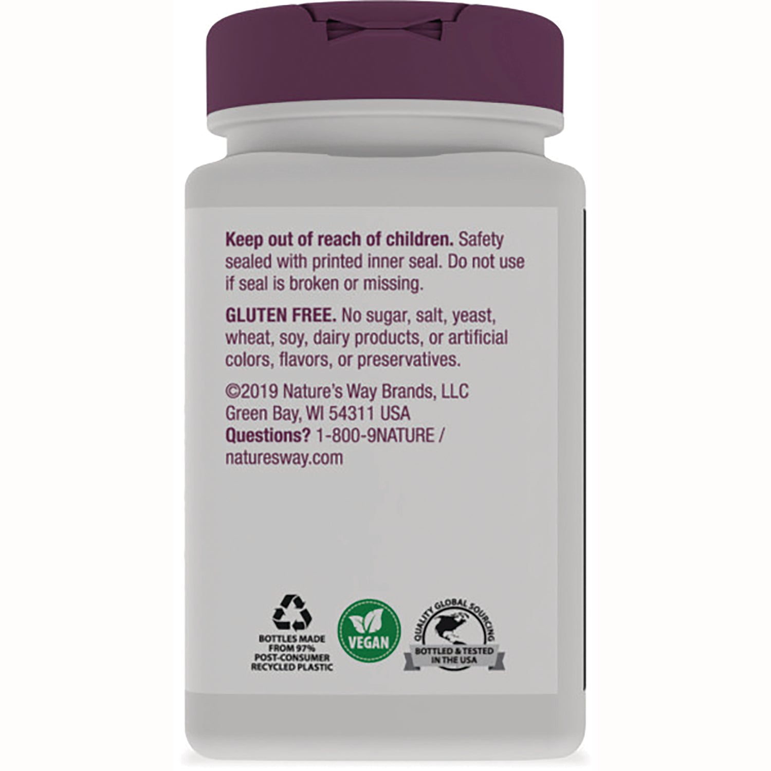 NW725 | bottle back label showing warnings, gluten free claim, company contact and vegan and recycling icons