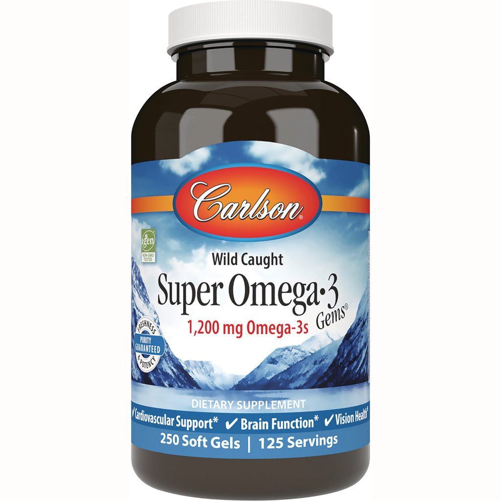 CSN146 | Bottle of Carlson Super Omega-3 dietary supplement label showing 1,200 mg Omega-3s and 250 soft gels - Thumbnail