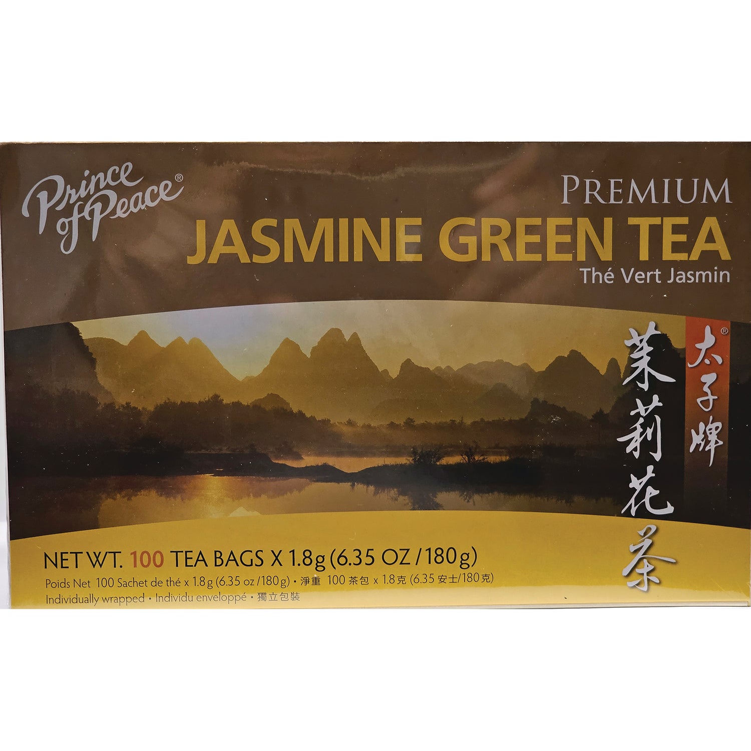POP009 | Prince of Peace Jasmine Green Tea box showing 100 tea bags and mountain artwork