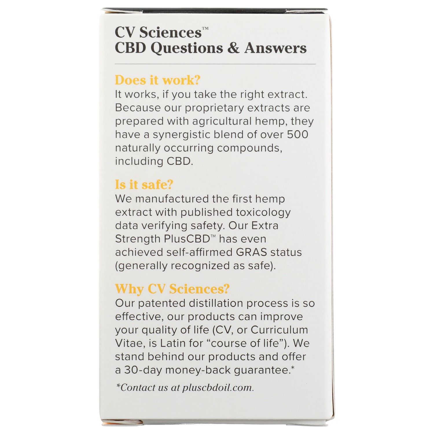 CV005 | back panel showing CBD Questions & Answers with sections titled Does it work? Is it safe? Why CV Sciences?