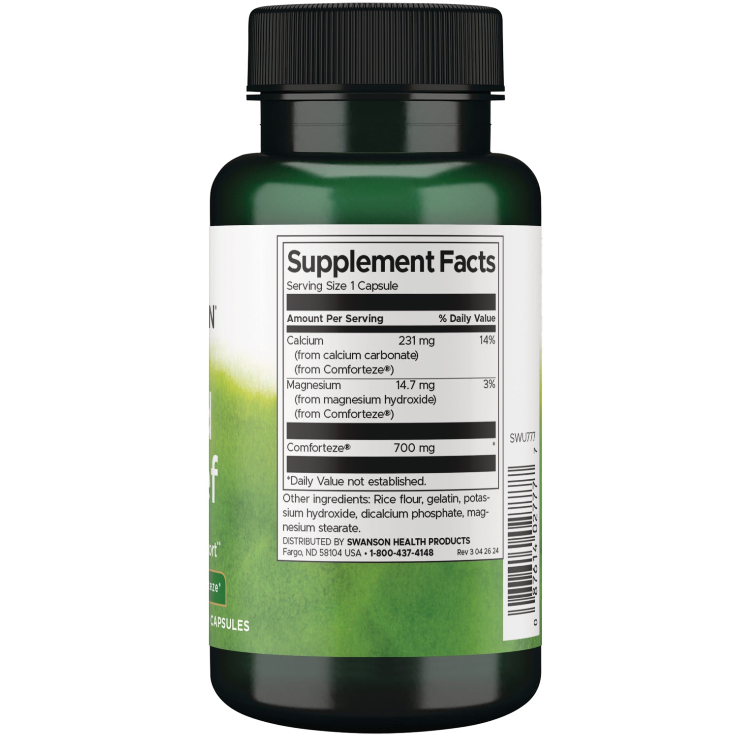 SWU777 | Back label with supplement facts and serving information