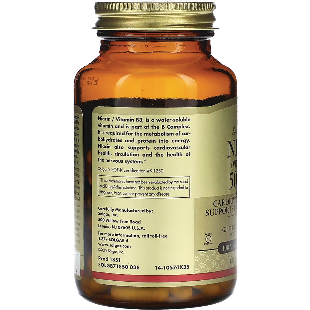SLG296 | amber glass supplement bottle back label showing Niacin / Vitamin B3 information, manufacturer details and lot numbers - Thumbnail