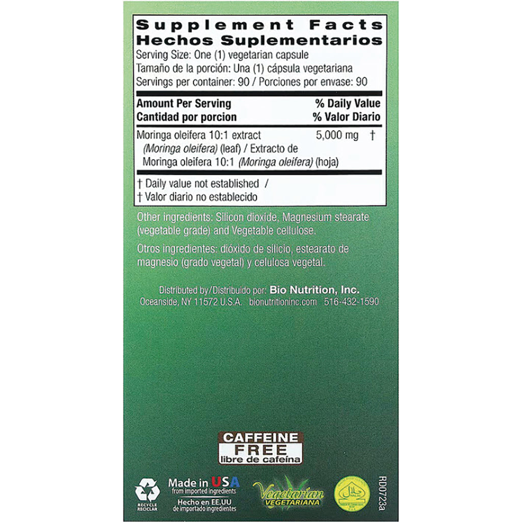 BNN052 | Supplement facts panel in English and Spanish listing Moringa oleifera 10:1 extract 5,000 mg, other ingredients, distributor and Caffeine Free label - Thumbnail