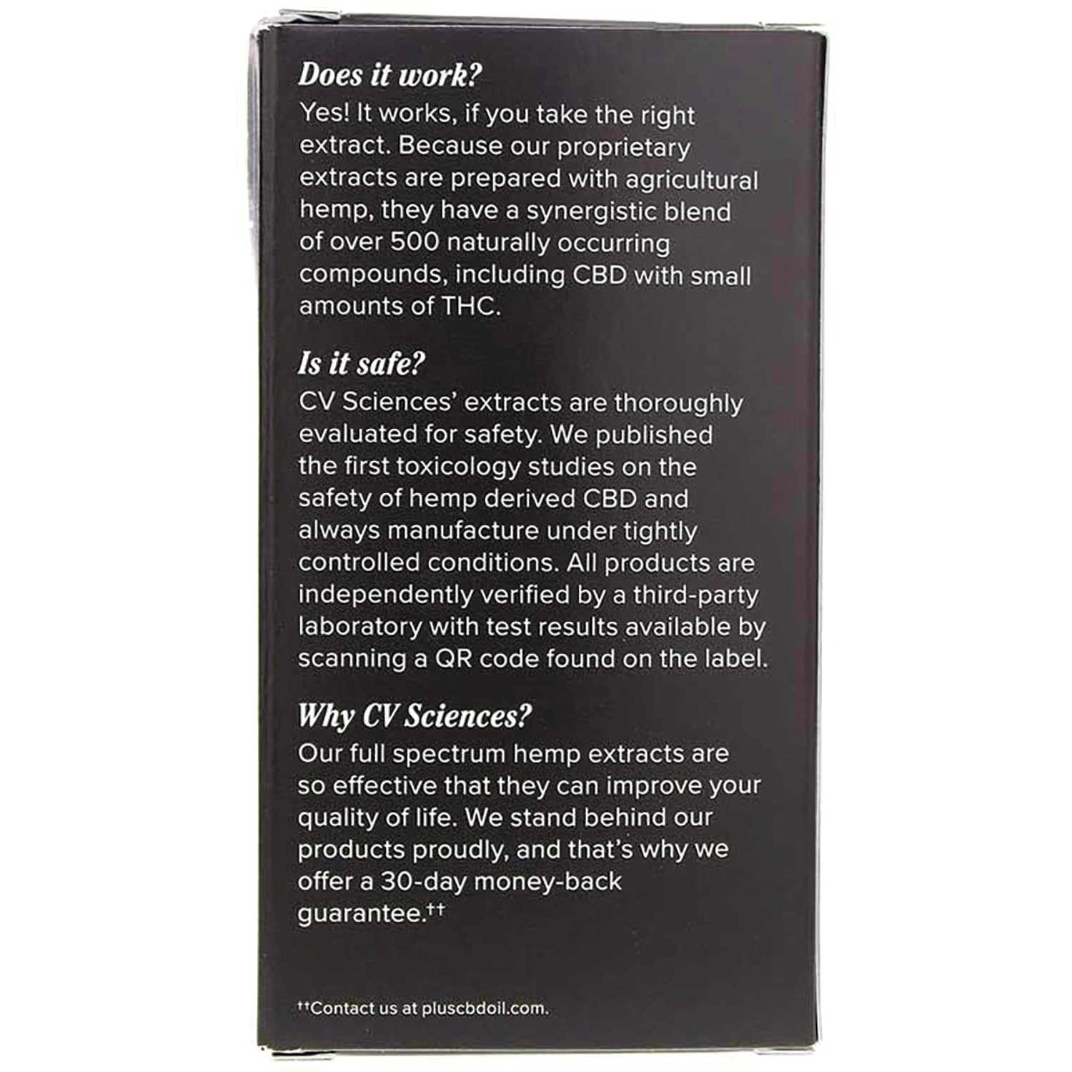 Back of black product box with text about CV Sciences extracts, safety, QR code for test results, and 30-day money-back guarantee