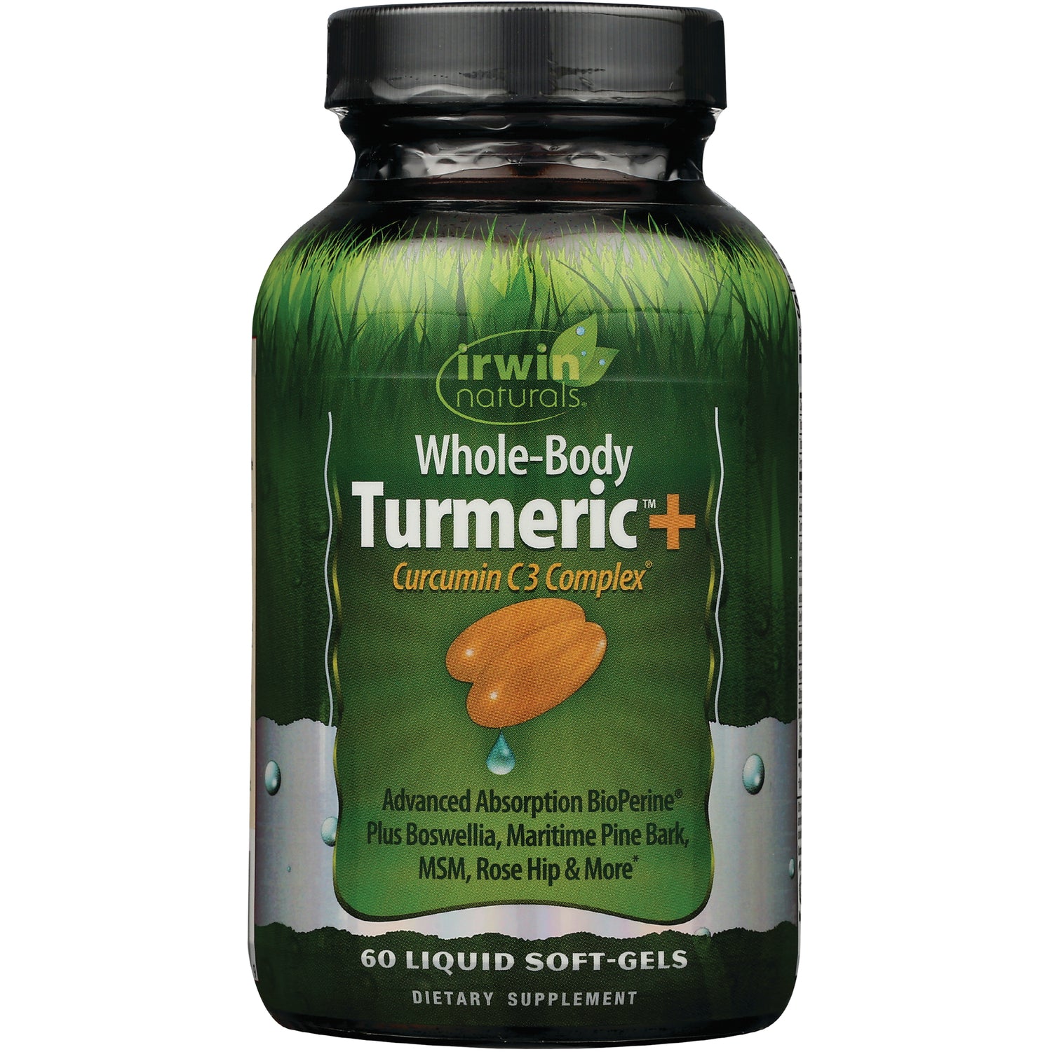 IR114 | Irwin Naturals Whole-Body Turmeric+ Curcumin C3 Complex bottle, 60 liquid soft-gels front label