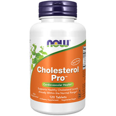 NWF985 | NOW Cholesterol Pro dietary supplement bottle with orange label, 120 tablets, cardiovascular health