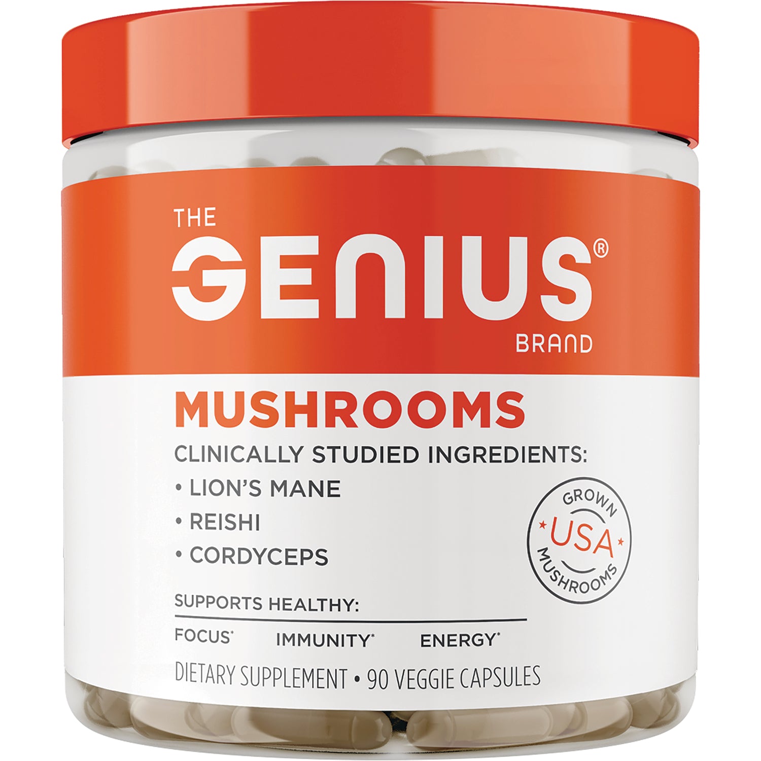 GBR001 | The Genius brand mushrooms supplement jar with orange label and visible veggie capsules