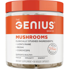 GBR001 | The Genius brand mushrooms supplement jar with orange label and visible veggie capsules