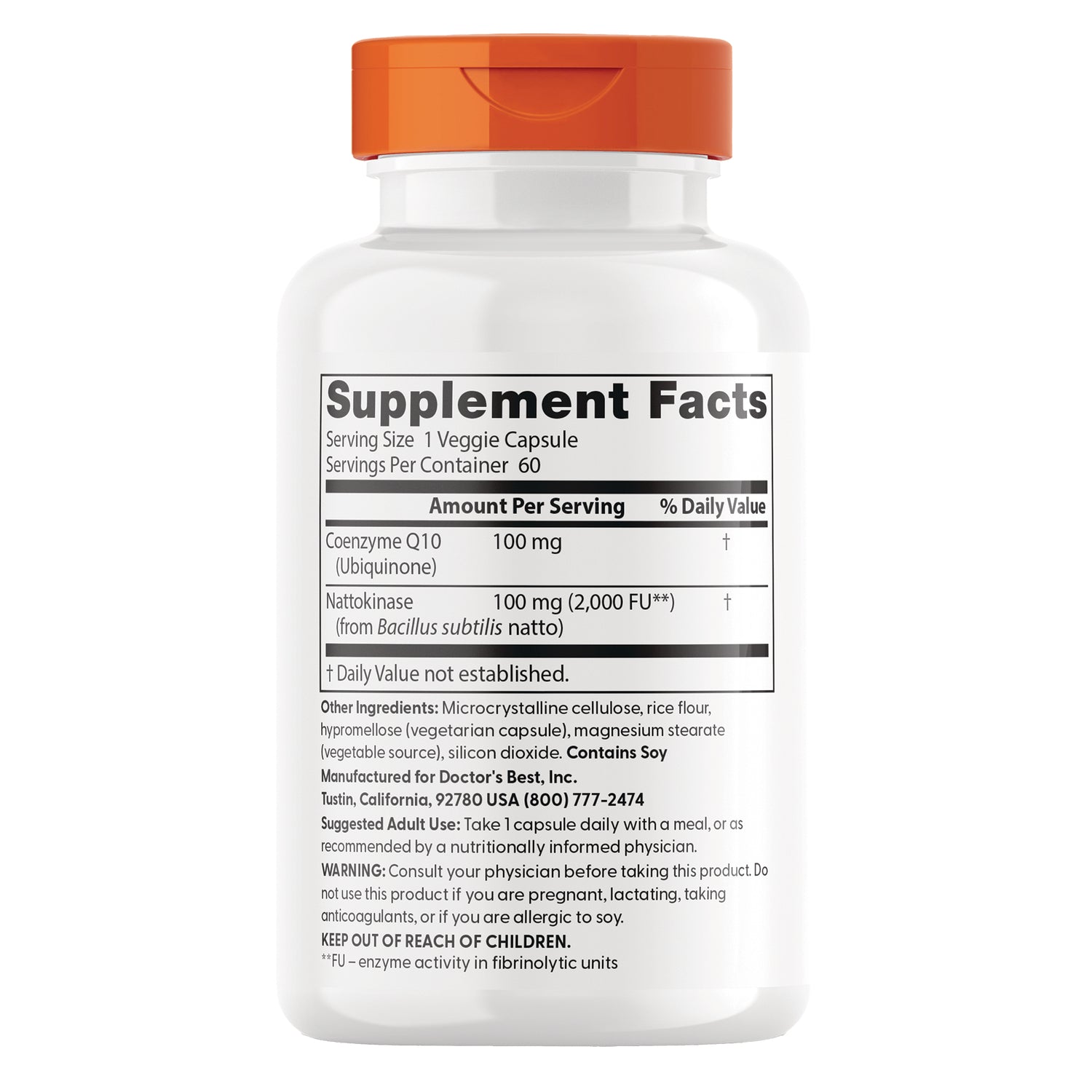 DB309 | supplement facts panel listing Coenzyme Q10 100 mg and Nattokinase 100 mg, plus other ingredients and warnings