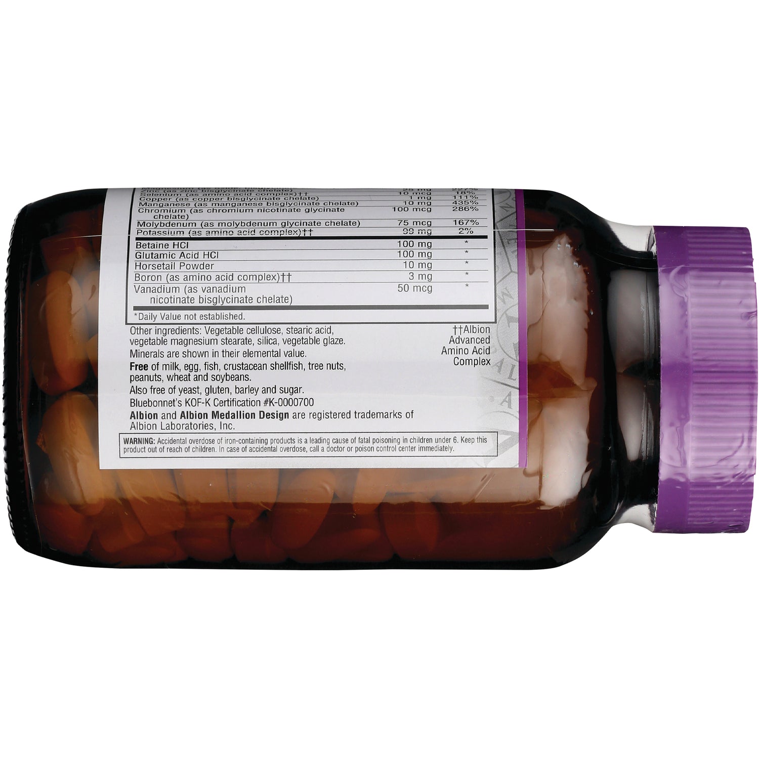 BLU080 | back label of amber supplement bottle showing ingredient panel, visible capsules, and purple cap