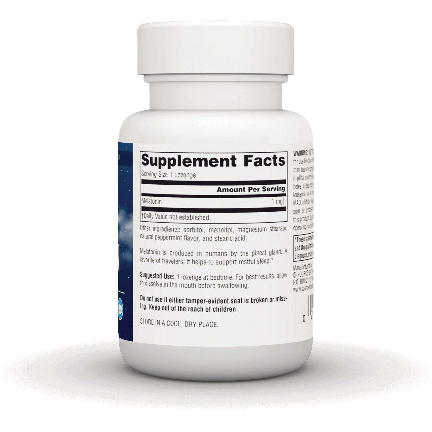 SN254 | Supplement Facts panel showing serving size 1 lozenge and melatonin 1 mg