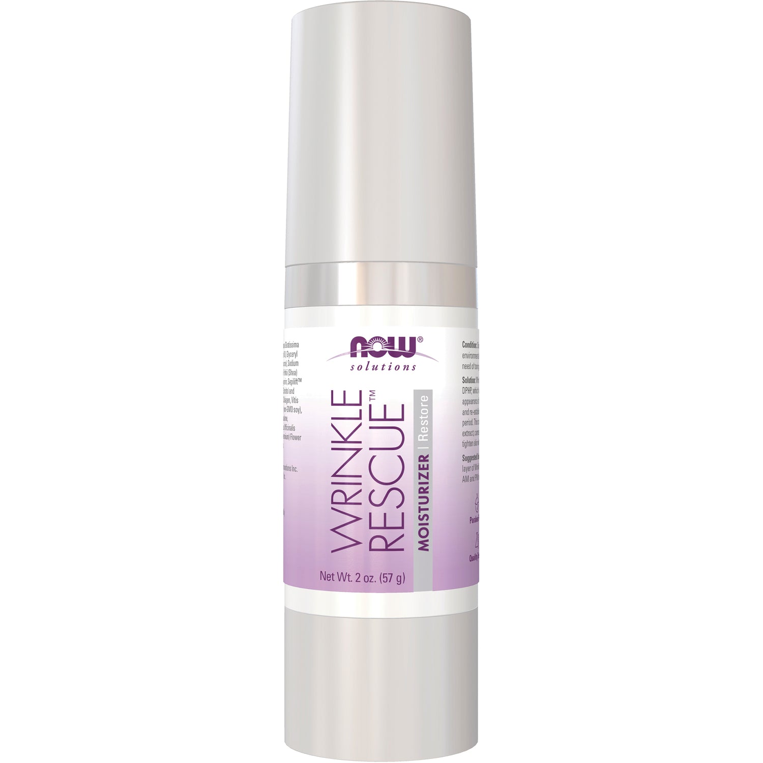 NWF517 | NOW Solutions Wrinkle Rescue moisturizer in white and silver pump bottle with purple label