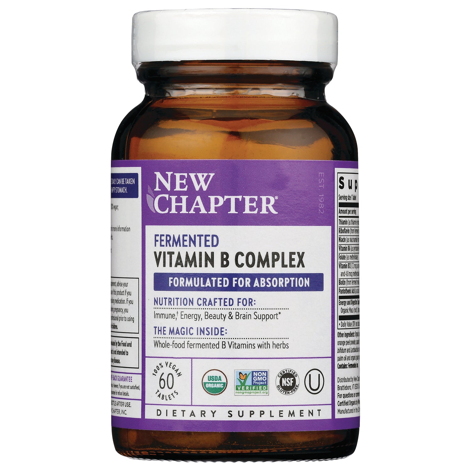 NWC344 | Amber glass bottle labeled NEW CHAPTER Fermented Vitamin B Complex dietary supplement, 60 tablets