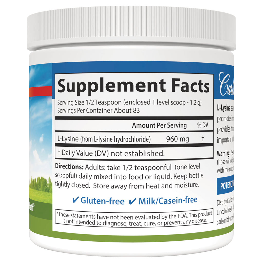 CSN128 | Supplement Facts label showing serving size, L-Lysine 960 mg, directions and gluten-free milk/casein-free claims - Thumbnail