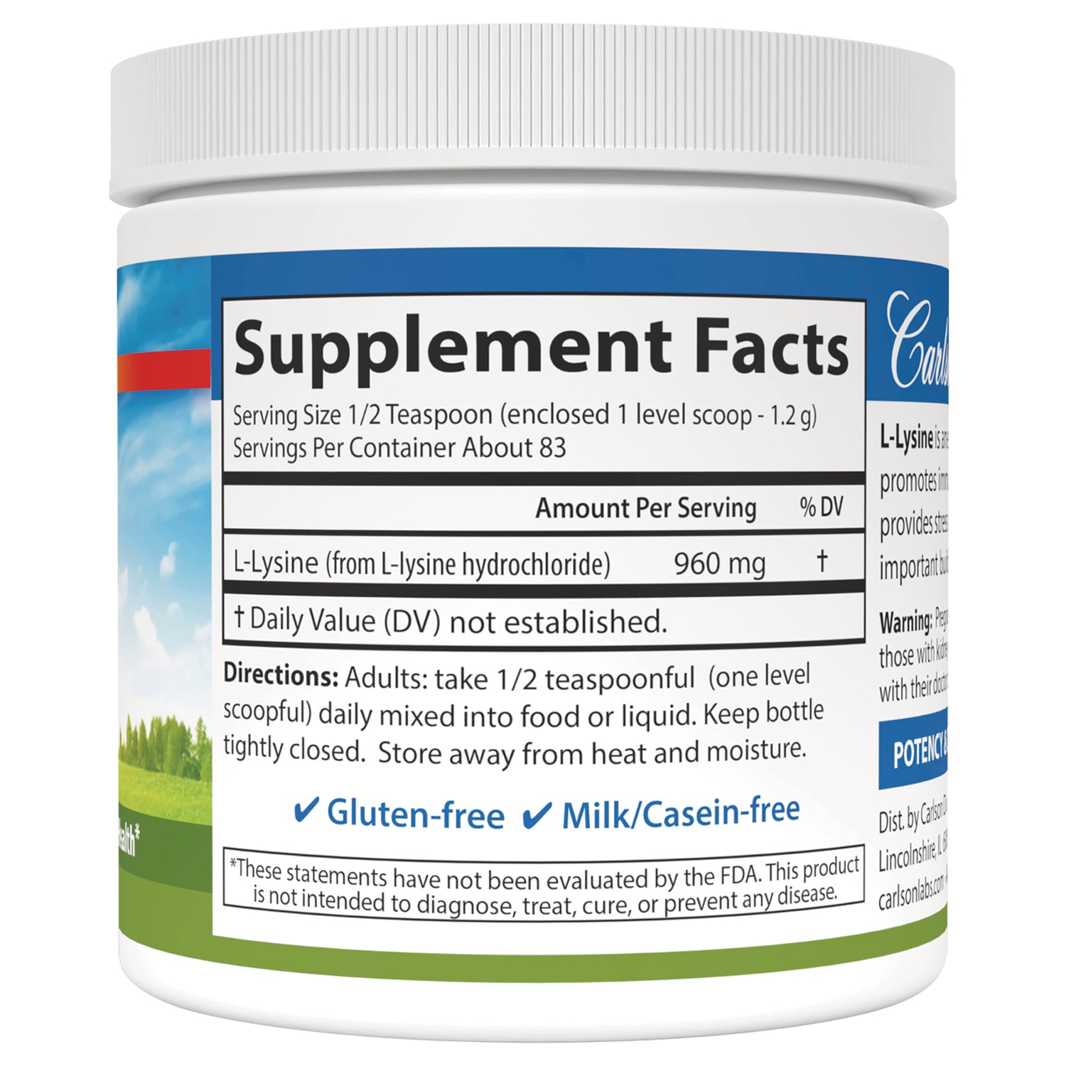 CSN128 | Supplement Facts label showing serving size, L-Lysine 960 mg, directions and gluten-free milk/casein-free claims