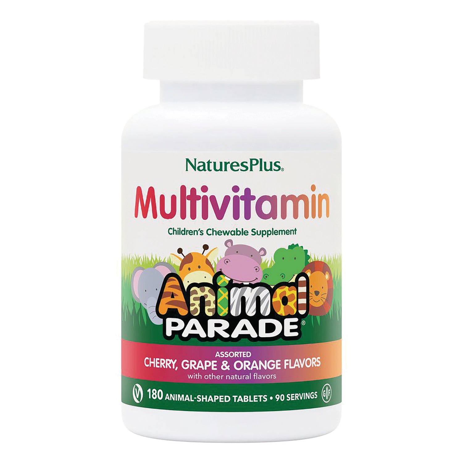 NTP004 | NaturesPlus Multivitamin Animal Parade children's chewable supplement bottle front label, assorted cherry grape & orange flavors, 180 tablets
