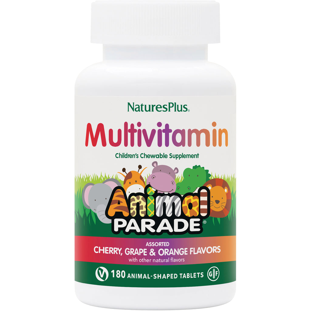 NTP004 | NaturesPlus Multivitamin Animal Parade children's chewable supplement bottle front label, assorted cherry grape & orange flavors, 180 tablets - Thumbnail