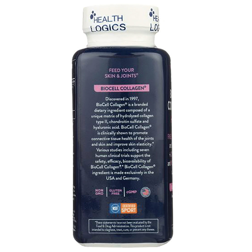 HLG001 | Back label of Health Logics supplement bottle showing BioCell Collagen description and certification icons - Thumbnail