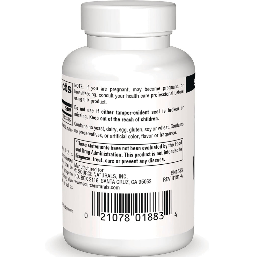 SN354 | Back of Source Naturals supplement bottle with warning text, manufacturer info, and barcode - Thumbnail