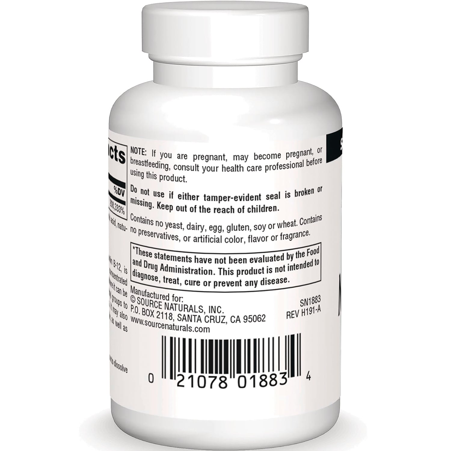 SN354 | Back of Source Naturals supplement bottle with warning text, manufacturer info, and barcode