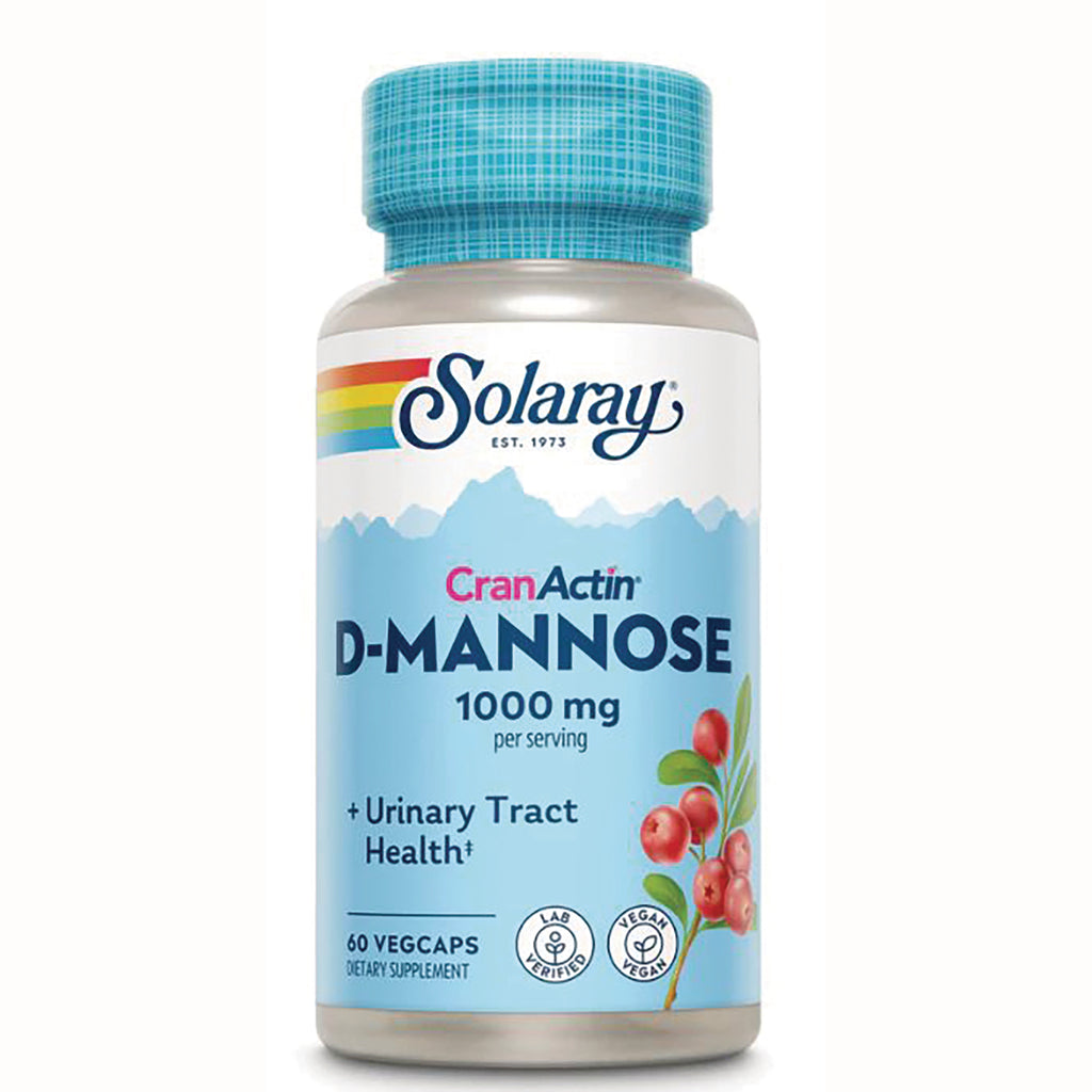 SLR214 | Solaray D-Mannose 1000 mg supplement bottle labeled CranActin and Urinary Tract Health, 60 vegcaps - Thumbnail