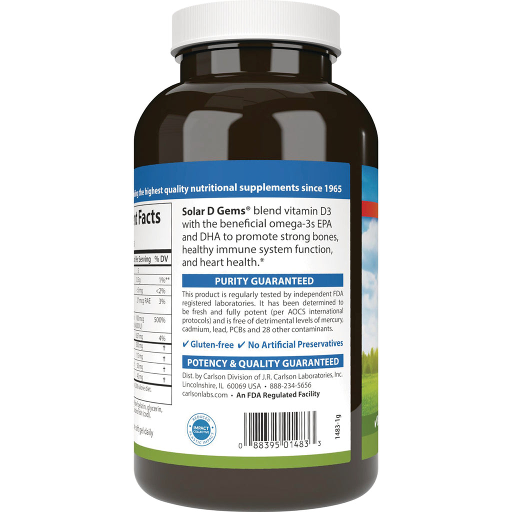 CSN181 | back label of supplement bottle showing Solar D Gems description, purity guaranteed panel, barcode and nutrition facts - Thumbnail