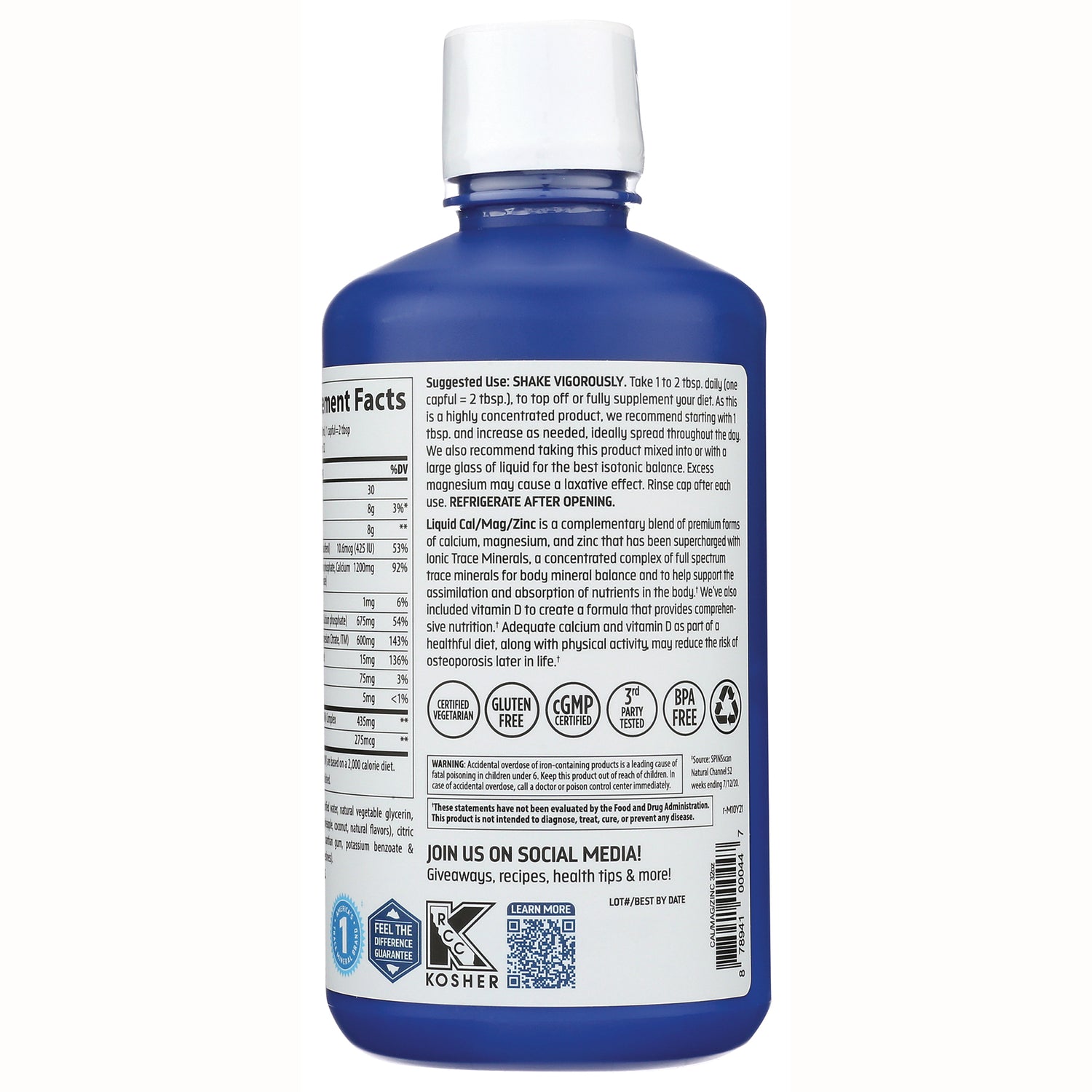 TM016 | Back label with supplement facts, SHAKE VIGOROUSLY, icons for Gluten Free, cGMP, 3rd Party Tested, BPA Free