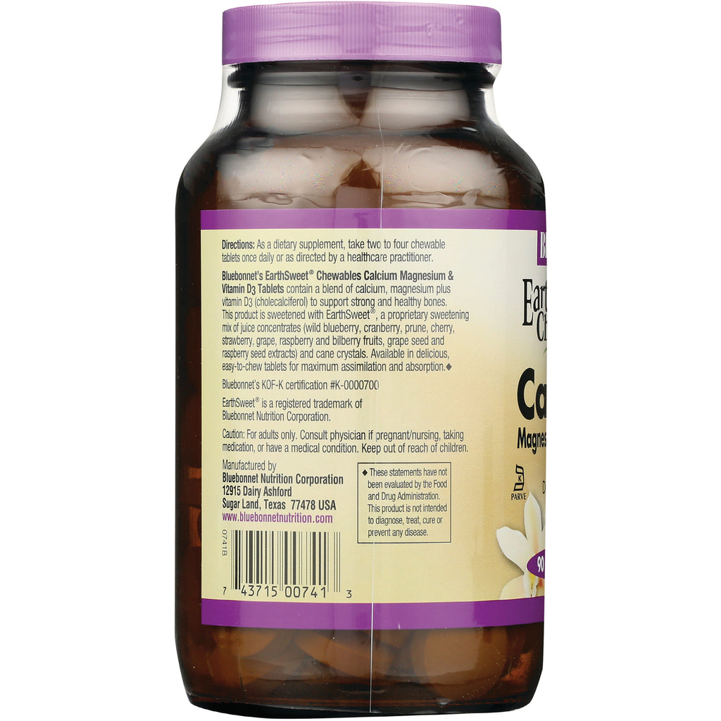 BLU140 | back label of chewable calcium magnesium vitamin D3 bottle showing directions, ingredients and barcode - Thumbnail