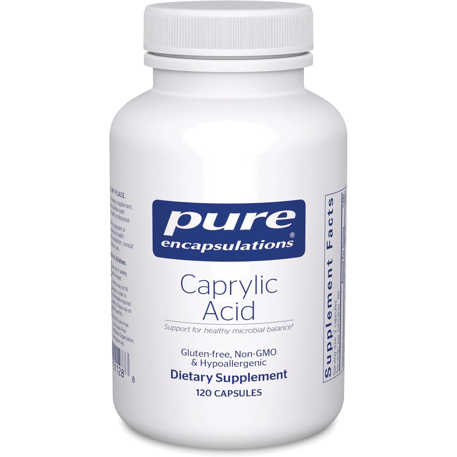 PRN014 | White bottle labeled pure encapsulations Caprylic Acid dietary supplement 120 capsules
