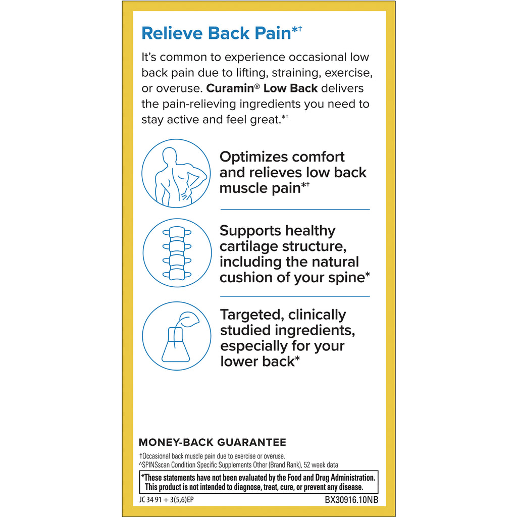 EUR060 | back panel showing Relieve Back Pain heading, three benefit icons with short descriptions and money-back guarantee - Thumbnail