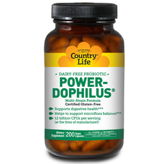 CRL436 | Country Life Power-Dophilus dairy-free probiotic bottle labeled 200 vegan capsules with brown jar and black lid