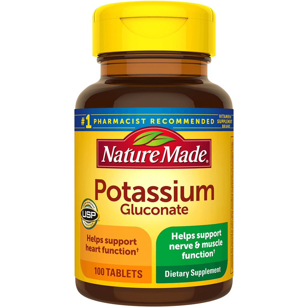 NTM022 | Nature Made Potassium Gluconate supplement bottle front label, 100 tablets, USP verified - Thumbnail