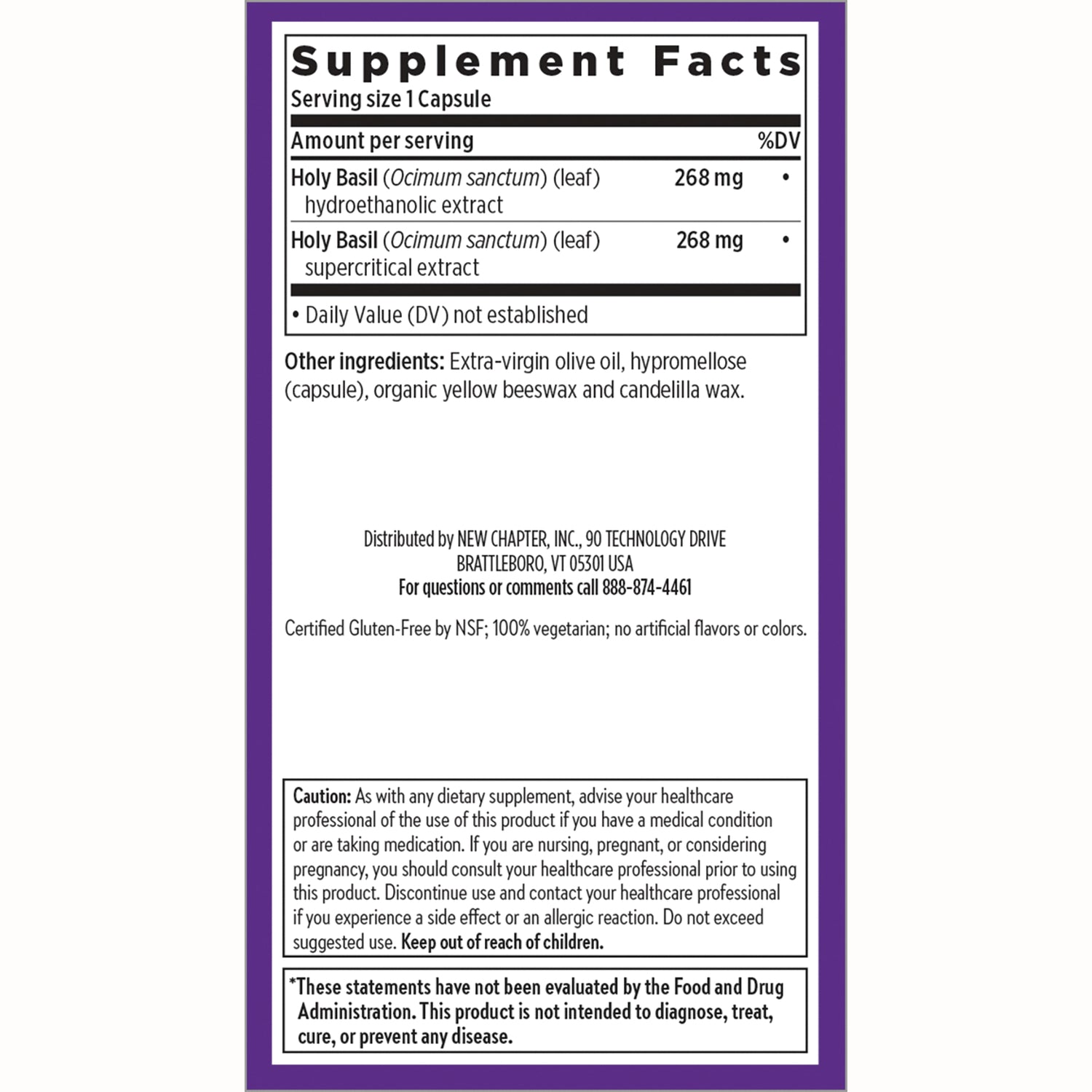 NWC286 | Back panel showing Supplement Facts, other ingredients, distributor details and caution statement