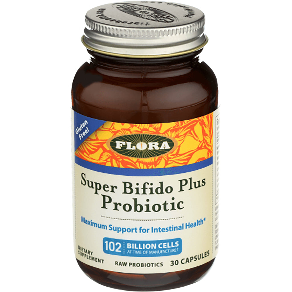 FL096 | Glass bottle of FLORA Super Bifido Plus Probiotic, 30 capsules labeled 102 billion cells and gluten free - Thumbnail