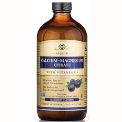 SLG317 | Solgar liquid Calcium Magnesium Citrate with Vitamin D3 blueberry flavored dietary supplement bottle, front label