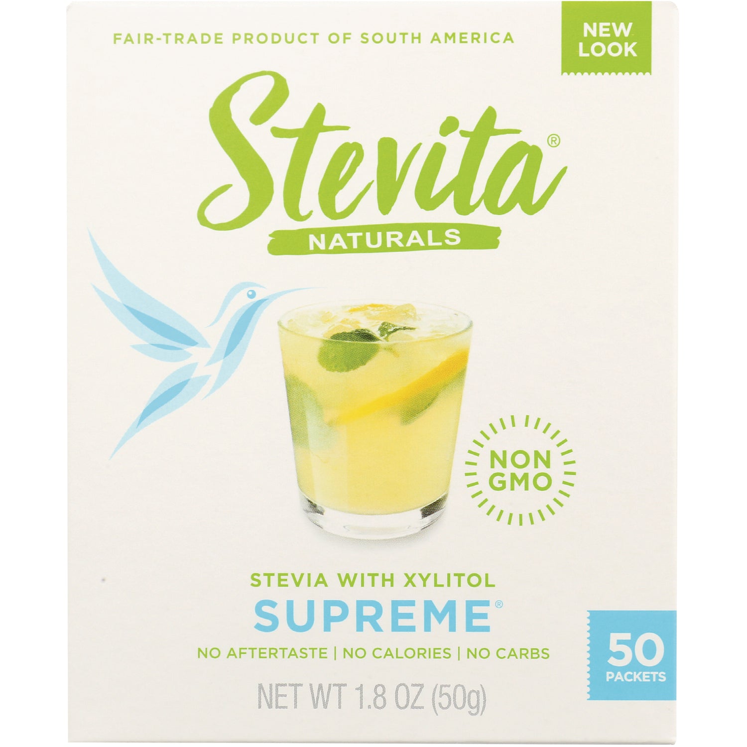 STV002 | Stevita Naturals Supreme stevia with xylitol sweetener box, 50 packets, non-GMO, net wt 1.8 oz