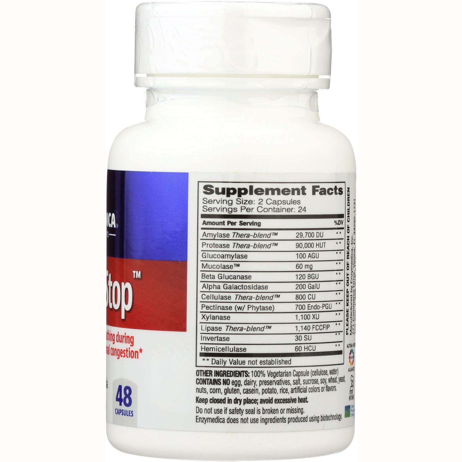 EMD017 | Back of white supplement bottle showing supplement facts panel and 48 capsules label