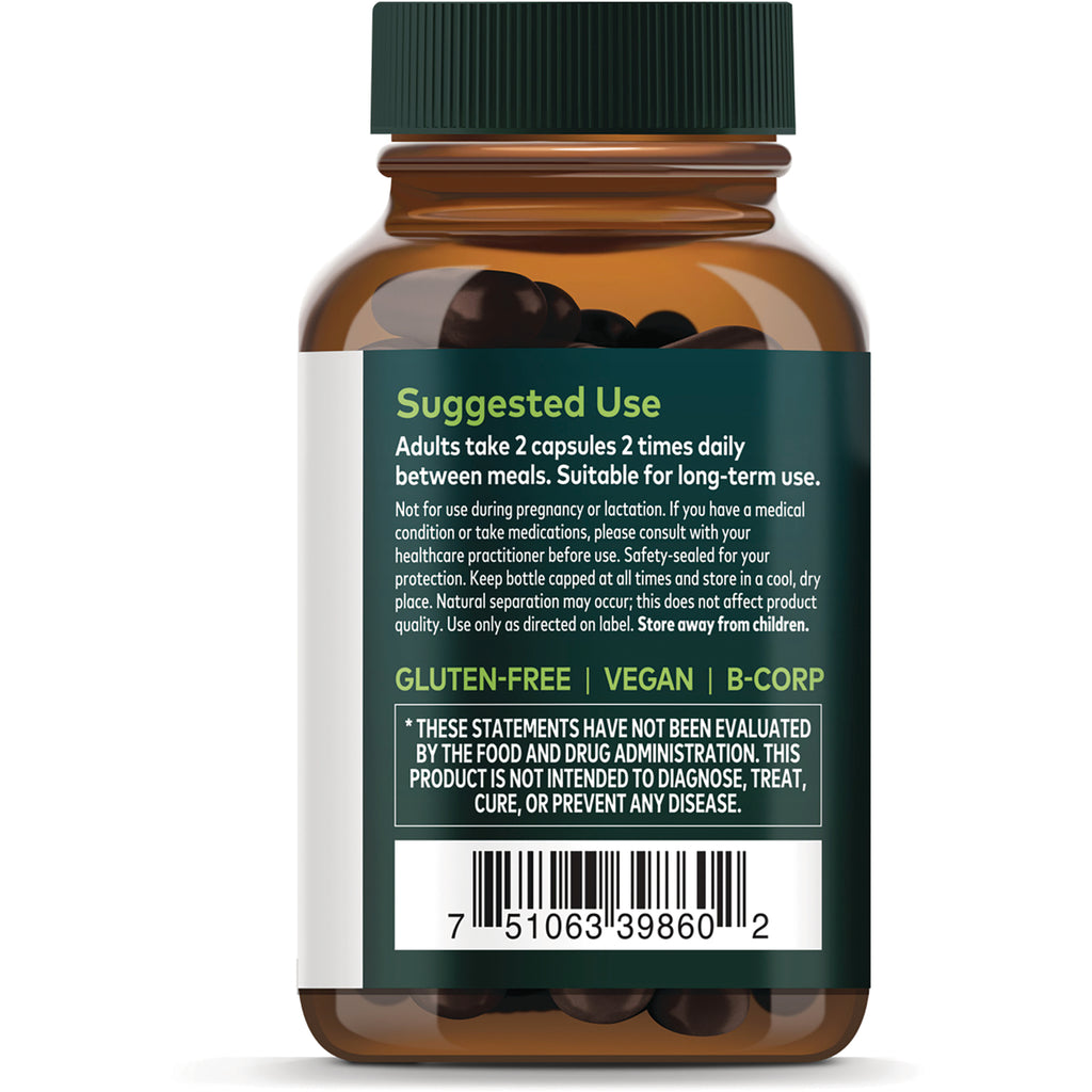 GH049 | Bottle back showing Supplement Facts panel with serving size 2 capsules, herbal extract blend 836 mg and ingredients - Thumbnail