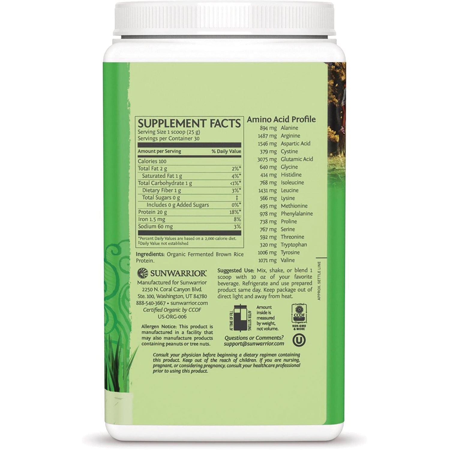 SNW027 | Back label with Supplement Facts, amino acid profile, ingredients, and suggested use for Sunwarrior protein