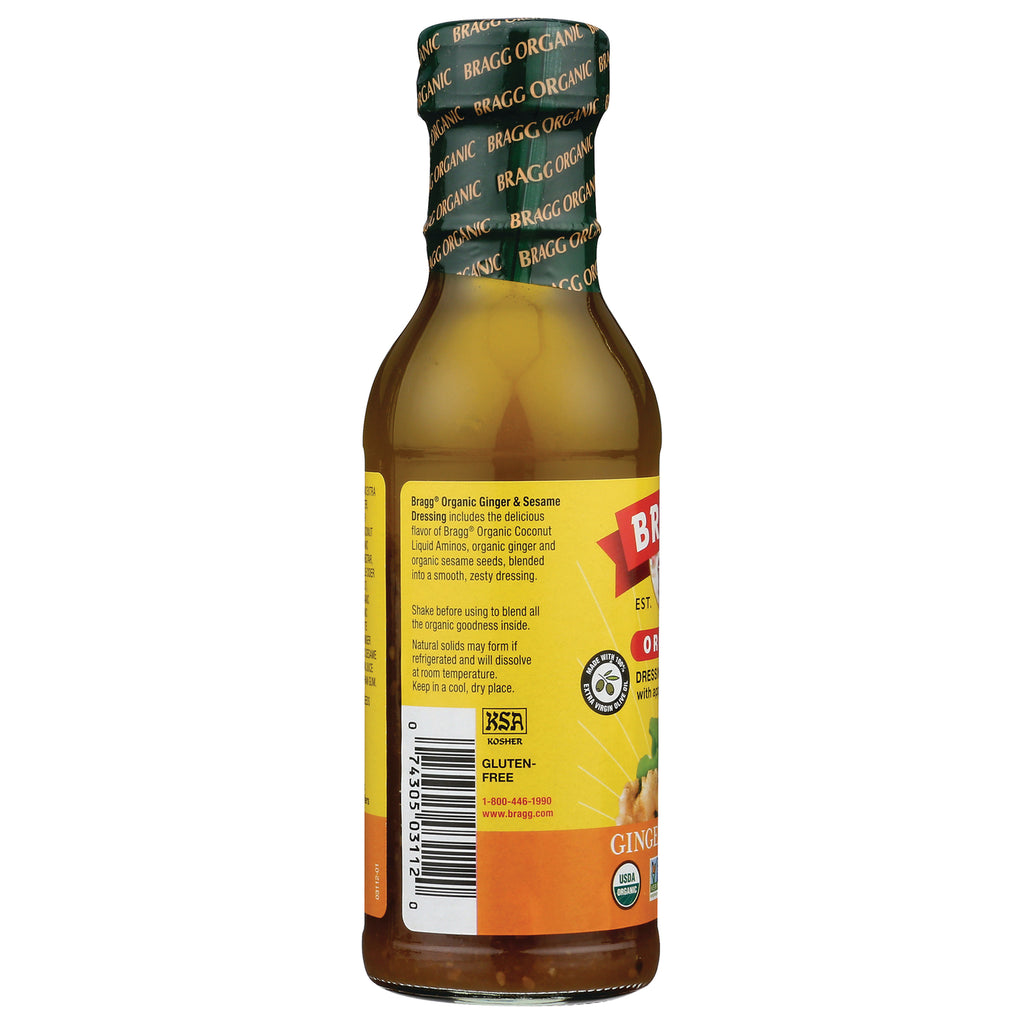 BR015 | Back label of Bragg Organic ginger and sesame dressing showing ingredients, barcode, kosher and gluten-free icons - Thumbnail