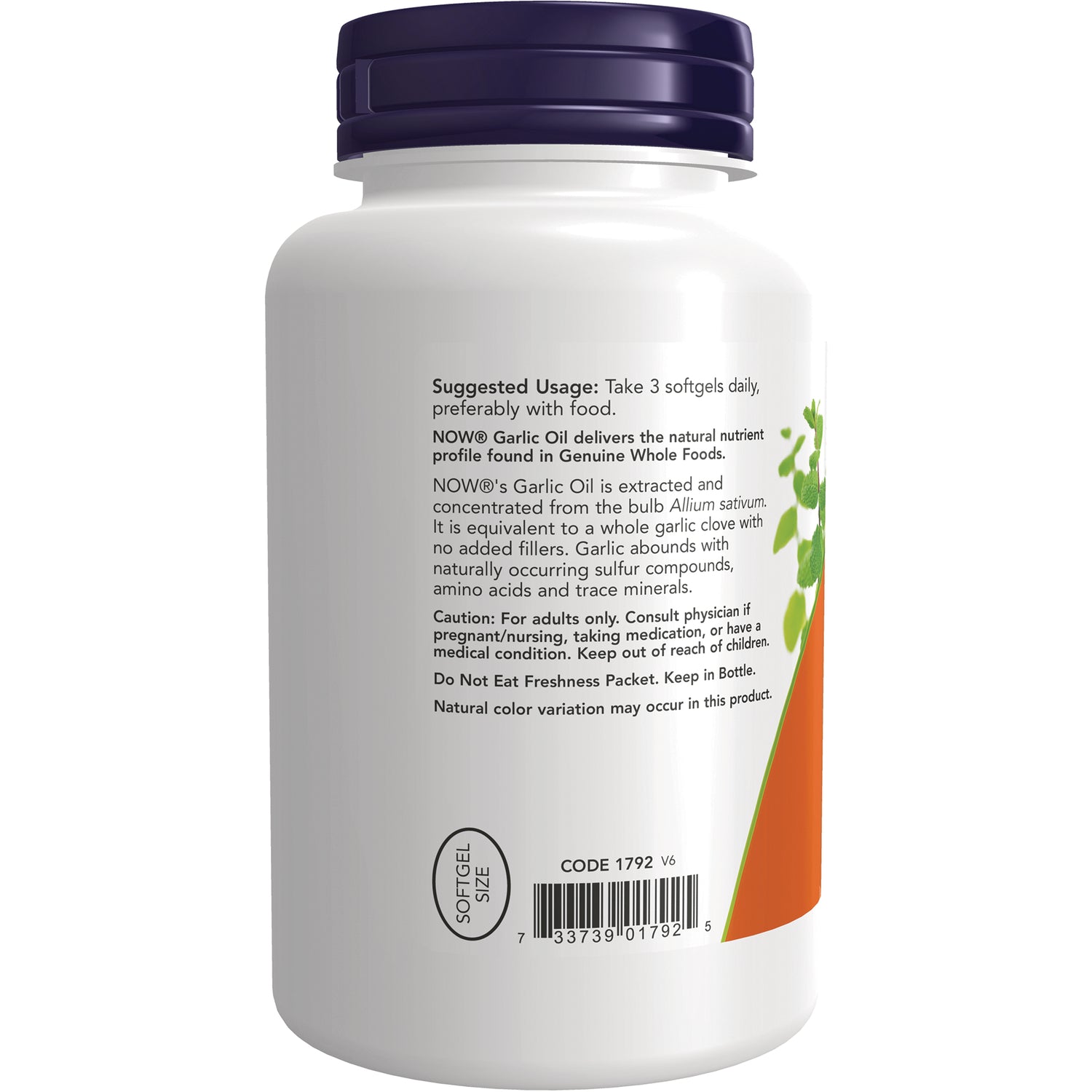 NWF1047 | Back label of white supplement bottle showing suggested usage, caution text, barcode and softgel size