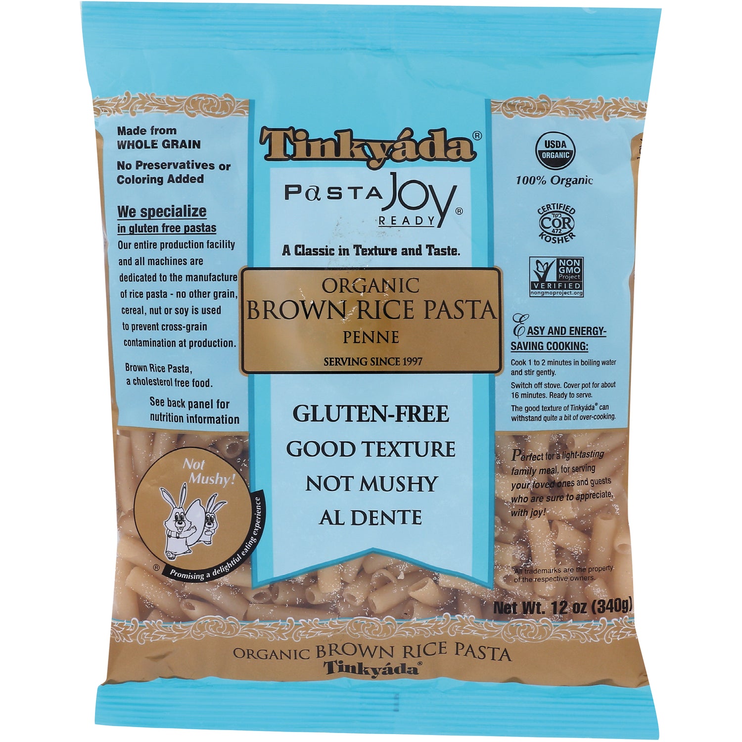 TKY003 | Tinkyada Pasta Joy Organic Brown Rice Penne, 12 oz bag  GlutenFree, Good Texture, Not Mushy, Al Dente