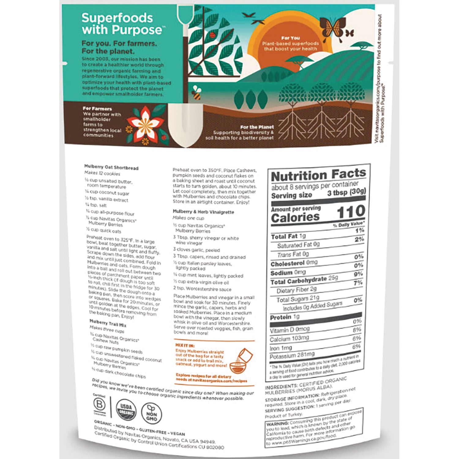 NAV012 | back of pouch showing nutrition facts panel, ingredients, and recipes